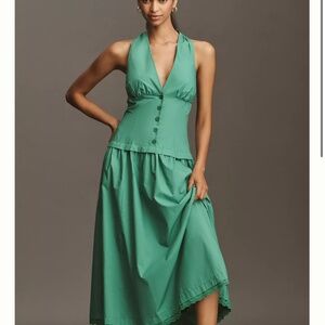 NWT Maeve Kelly Green Drop Waist Halter V Neck MIDI Dress Small S $178